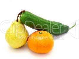 cucumber with a tangerine and a pear