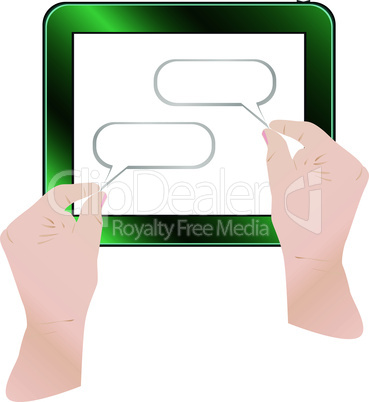 hands are holding and point tablet pc with cloudscape on screen. vector