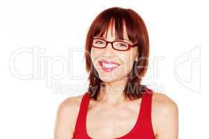 woman in red tank top and eyeglasses