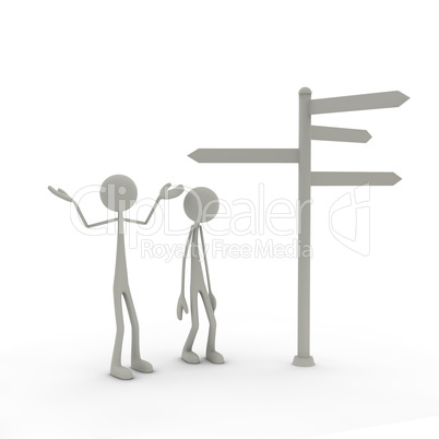 two figures stand in front of a direction sign