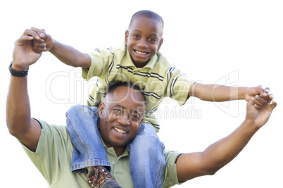 African American Son Rides Dad's Shoulders Isolated
