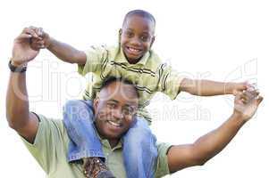 African American Son Rides Dad's Shoulders Isolated