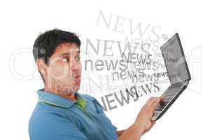 Man in laptop with the word news coming out of the screen