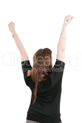 Beautiful happy young woman with her arms in the air. Isolated o