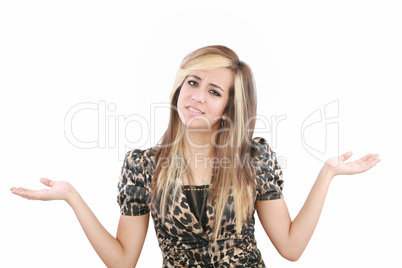 Businesswoman gestures confusion with her hands