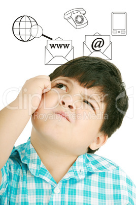 Thoughtful child with icons on the background