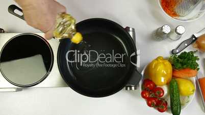 Food Preparation - Pouring Oil On Frying Pan
