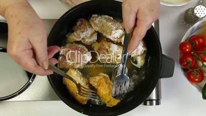 Food Preparation - Frying Chicken Breast Rolls