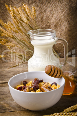 Muesli with low-fat milk and rusk