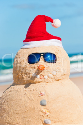 Portrait Of Perfect Snowman On Beach