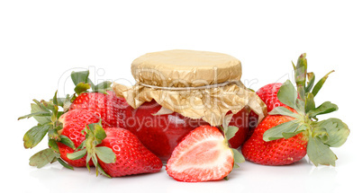 Fresh Strawberries with jam-jar closeup