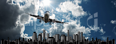 Passenger jet set against cityscape illustration