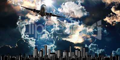 Passenger jet set against cityscape illustration with dramatic s