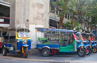 Line of tuktuks on Bangkok street