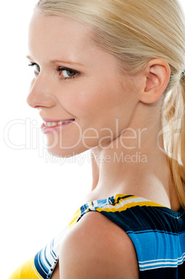 Side view of blond pretty woman, closeup shot