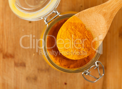 spice saffron in a wooden spoon