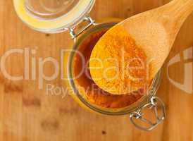 spice saffron in a wooden spoon