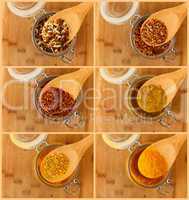 collage of mixture spice in a wooden spoon