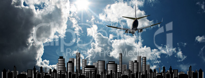 Passenger jet set against sunshine sky with cityscape illustrati