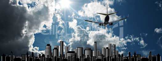 Passenger jet set against sunshine sky with cityscape illustrati