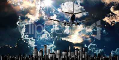 Passenger jet set against cityscape illustration with dramatic s
