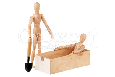 Two dummy, wooden box and spade