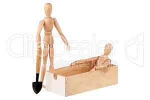 Two dummy, wooden box and spade