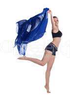 young woman jump in fitness costume with fabric