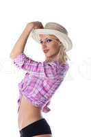 Young blond woman with straw hat isolated