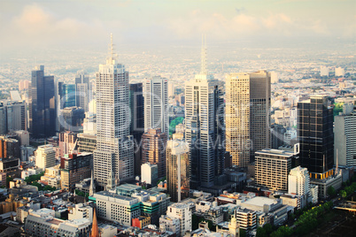 Bird's eye view of Melbourne city at sunset. Australia