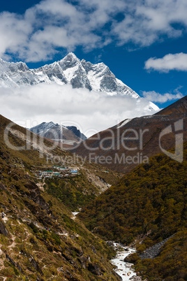 Summits Lhotse and Lhotse shar. Village and stream