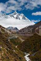 Summits Lhotse and Lhotse shar. Village and stream