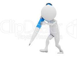 3d man with blue crayon  isolated on white