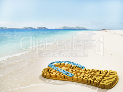 beach shoes made of summer words on the beach on a bright day