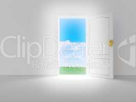 Empty white room with opened door and beautiful view, 3d render