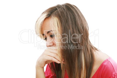 Pretty young beautiful woman with stress looks against isolated