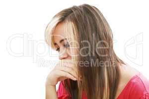 Pretty young beautiful woman with stress looks against isolated