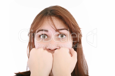 scared woman screaming with hands on the mouth isolated on white