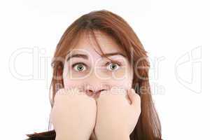 scared woman screaming with hands on the mouth isolated on white