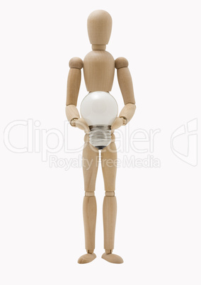 Wooden mannequin holding lamp