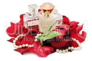 Perfume and pearl necklace in rose petals. Isolated.