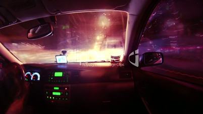 Driving in night city timelapse view from car cabin. Full HD.