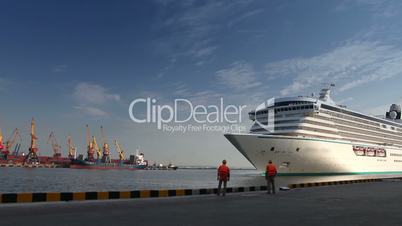 White luxury liner arriving at sea port from cruise timelapse