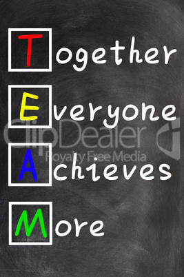TEAM acronym (Together Everyone Achieves More), teamwork motivation concept of chalk handwriting on a blackboard