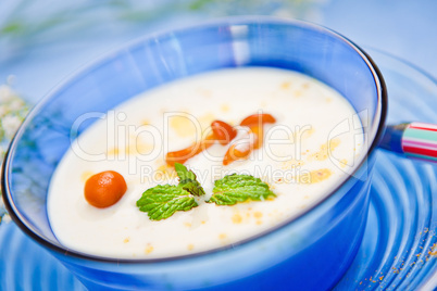 dish with a cream soup on the table