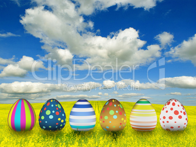 many color easter eggs over blue sky background