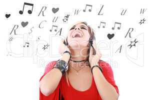 Rock style woman with headphones listening to music