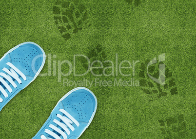 Shoe print on green grassland