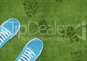 Shoe print on green grassland