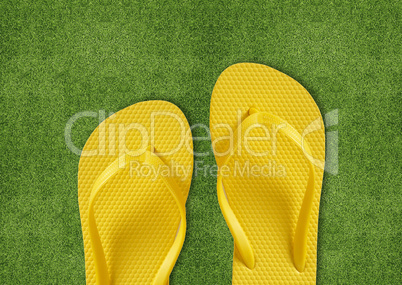 Yellow Flip Flops on green grass